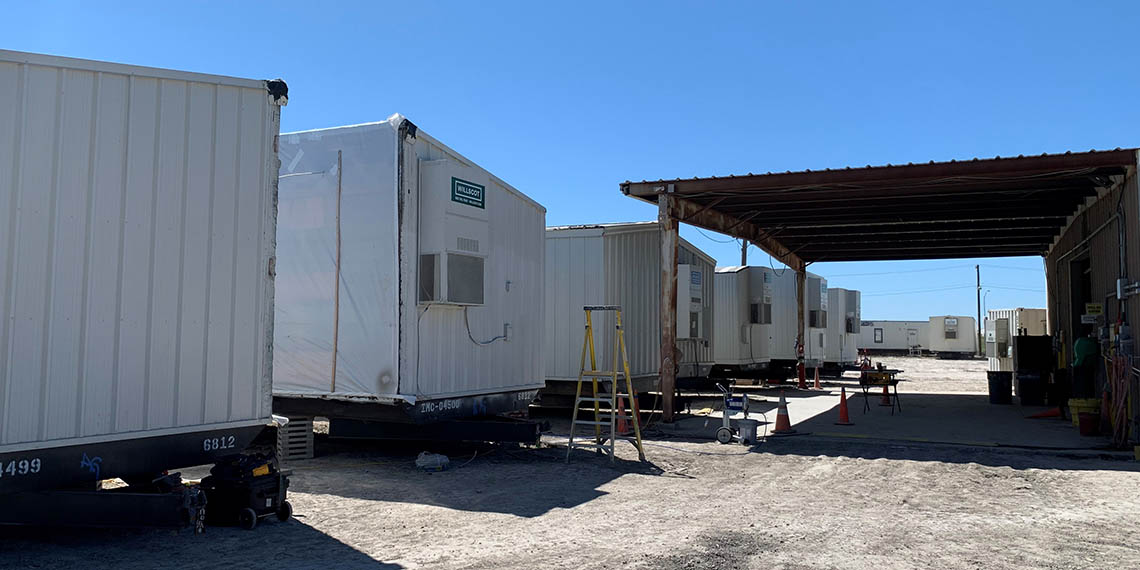 modular office products lined up at the Willscot Corpus Christi, TX yard