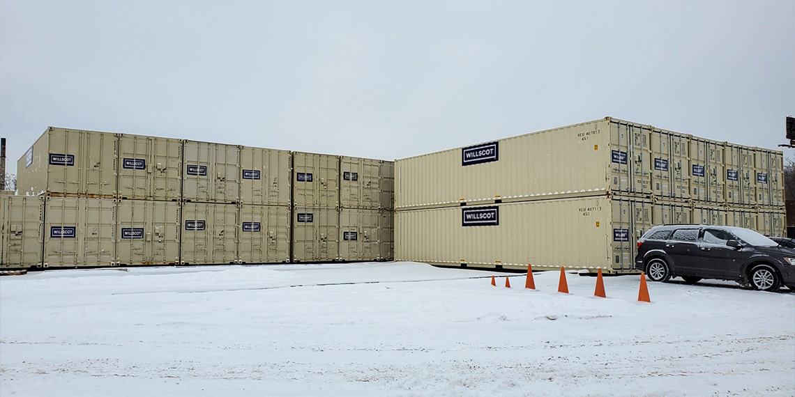 Stacks of storage containers in the snow