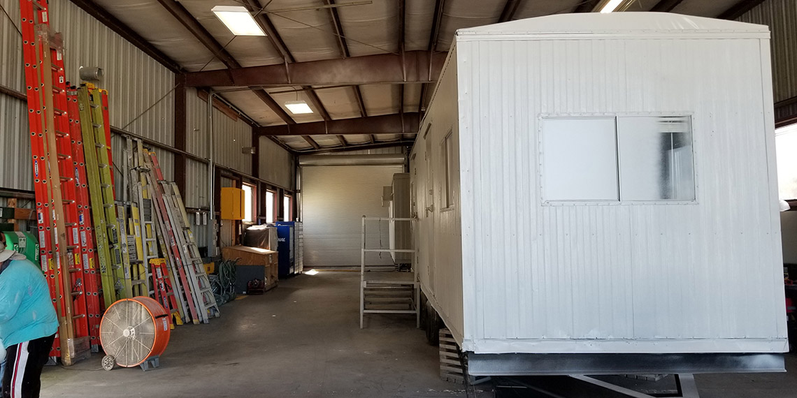 mobile office trailer being updated in the shop at WillScot West Palm Beach, FL